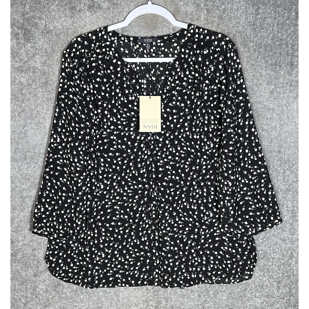 NYDJ Picadia Pintuck Blouse Womens Size XL Black Floral Button Up 3/4 Sleeve New